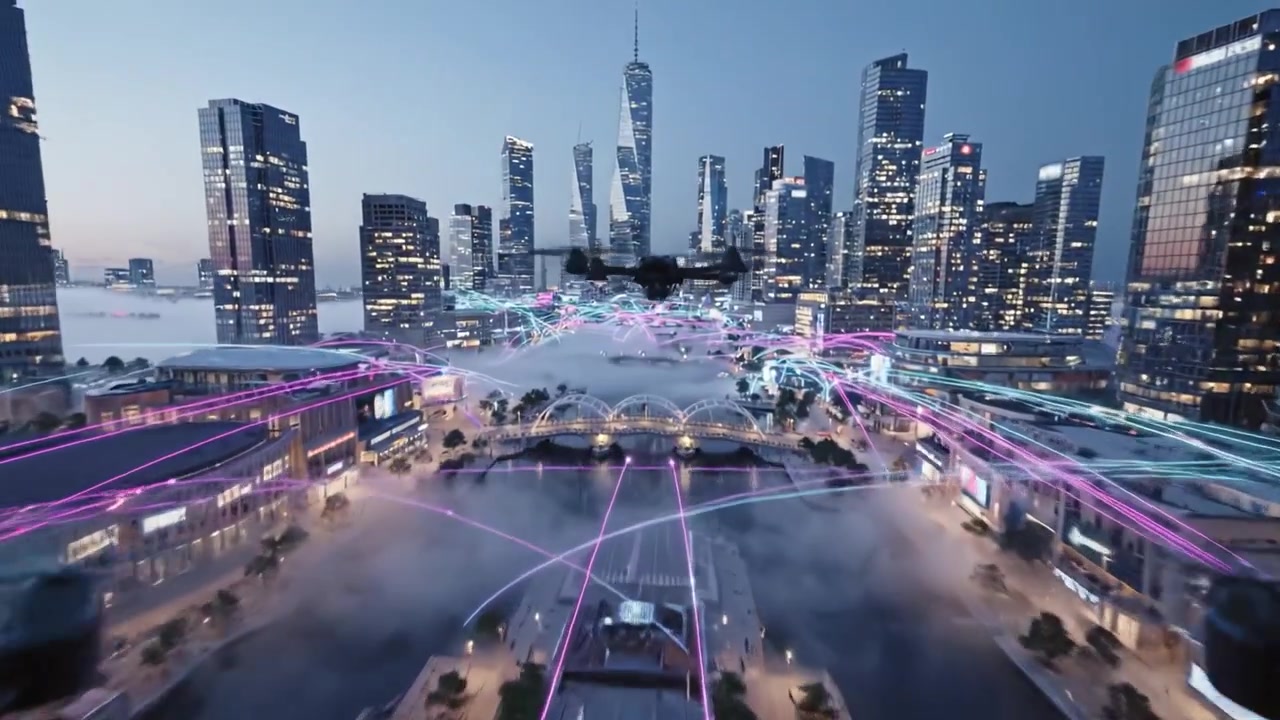 Uma paisagem urbana futurista com arranha-céus iluminados e um espetacular show de fogos de artifício em meio a uma atmosfera nebulosa ao anoitecer, capturando maravilhas arquitetônicas e energia vibrante.