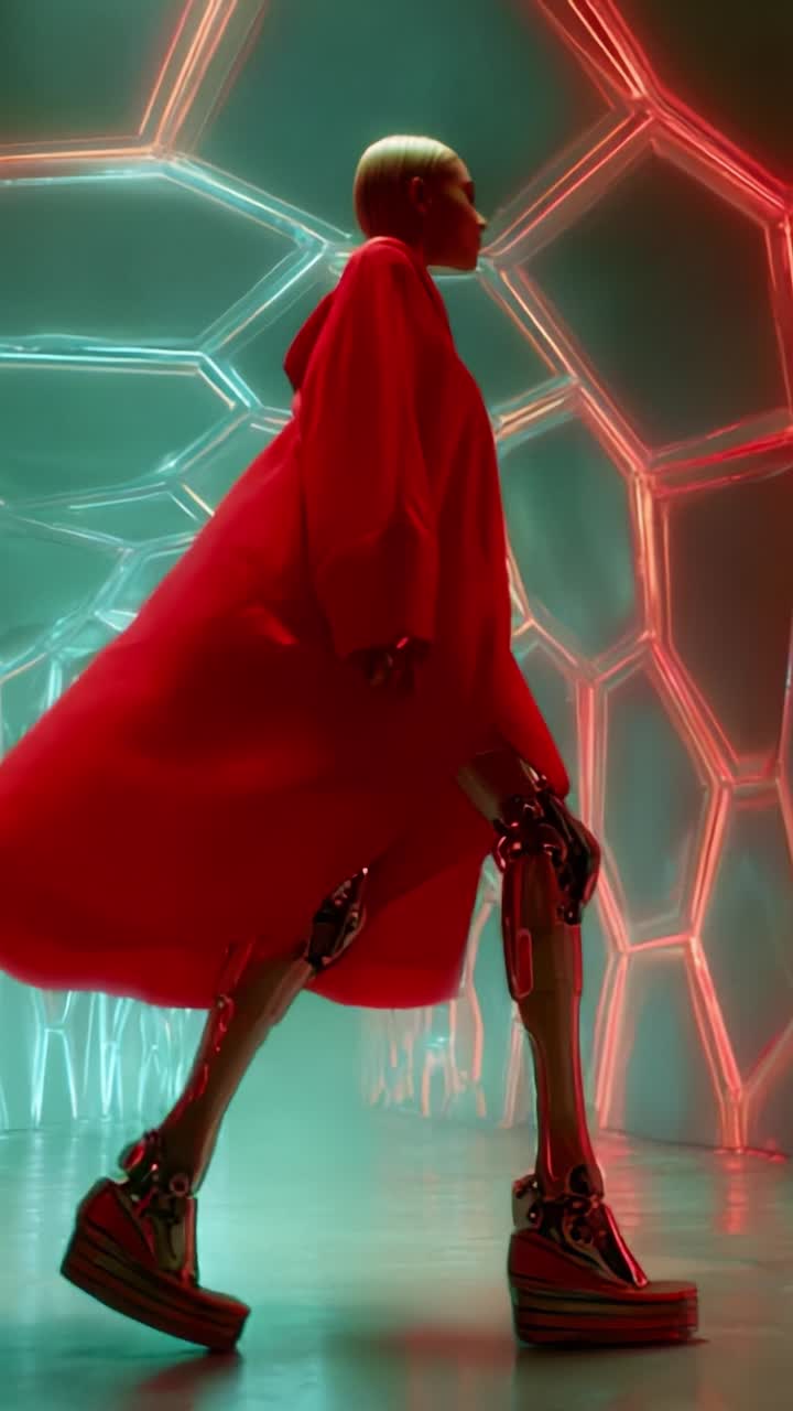 En futuristisk figur i en livlig rød kappe og med robotben går gennem et neonoplyst miljø, der viser en blanding af teknologi og avantgarde-mode.