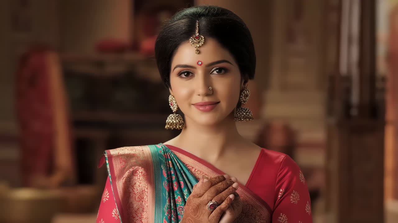 Portrait of a woman wearing a sari and traditional jewelry