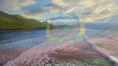 animation of flag of ecuador blowing over beach landscape