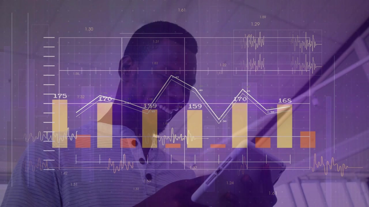 Business analyst lifting tablet and scrolling through analytics with bar charts updating live