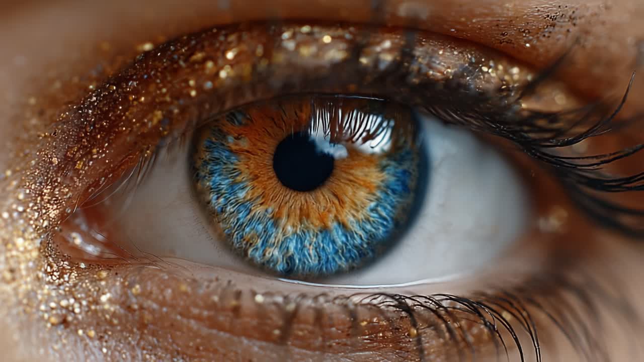Nahaufnahme eines Auges: Fesselnde Farben und schimmernde Details, die eine lebendige Iris und funkelndes Make-up zeigen und die Schönheit sowie Komplexität des menschlichen Sehvermögens veranschaulichen.