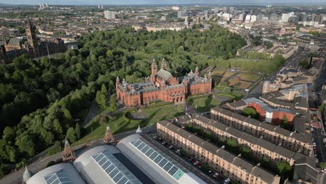aerial orbit around glasgow's kelvingrove art gallery and museum in glasgow west end district, scotland, uk