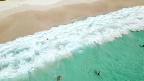 Mahe-Seychelles-clients-inside-crashing-waves-and-got-wipeout,-turquoise-water-and-sunny-day