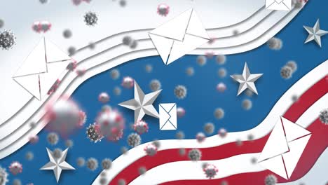 multiple envelope icons and covid-19 cells moving against american flag on blue background