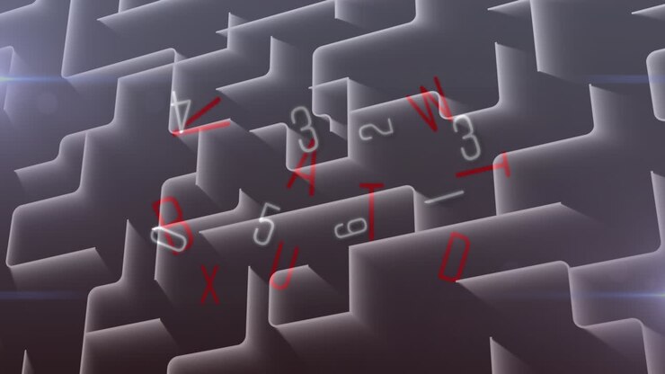 Animation af skiftende tal over en abstrakt labyrint.