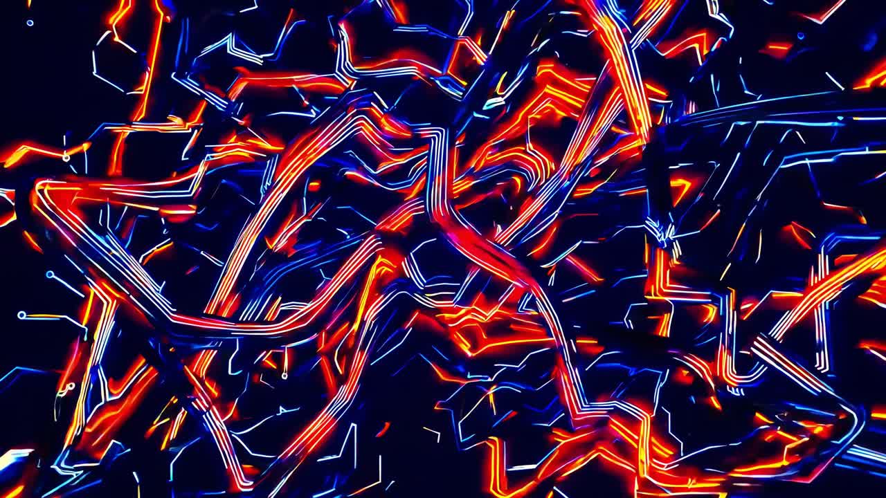 Colorful neon lights intertwining, forming an abstract and vibrant digital artwork with glowing lines and dynamic shapes, evoking a sense of energy and movement