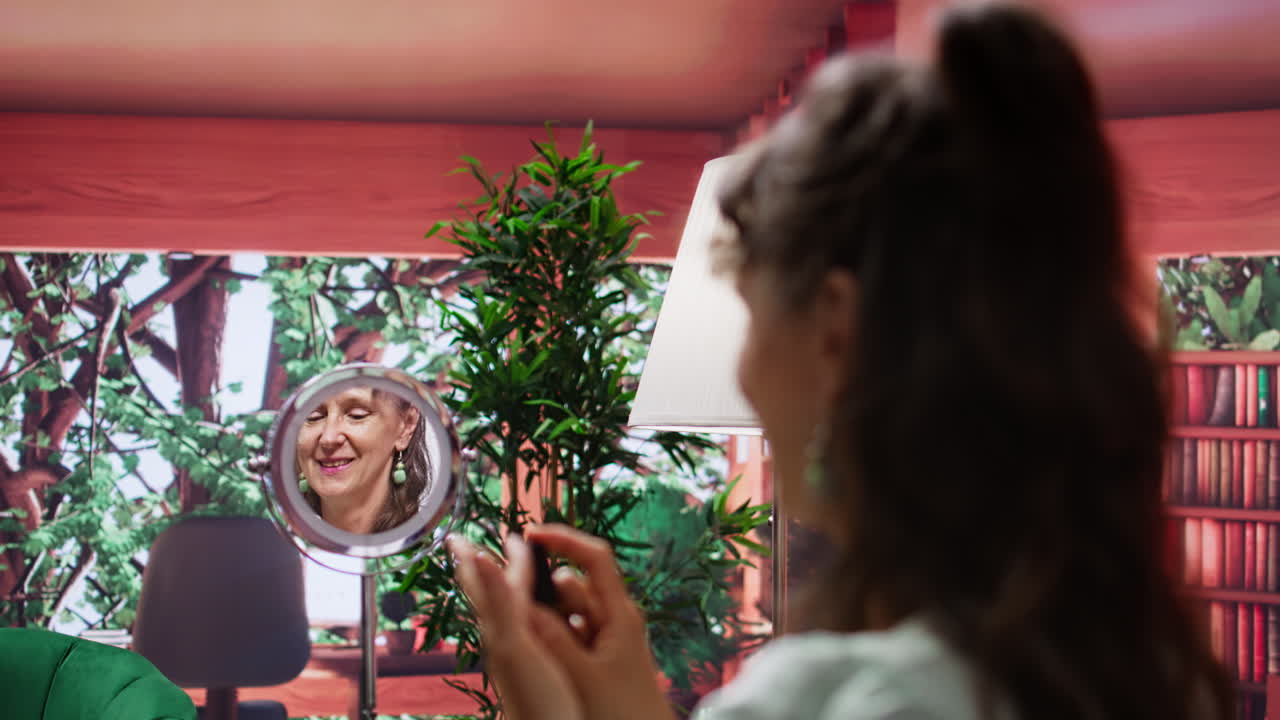 mujer mayor mirándose en el espejo y aplicando crema antienvejecimiento en su cara