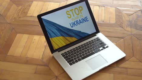 No-war-message-on-laptop.-Ukraine-vs-Russia,-conflict,-cyber-attack,-invasion,-army-soldier.-Hope-for-peace.