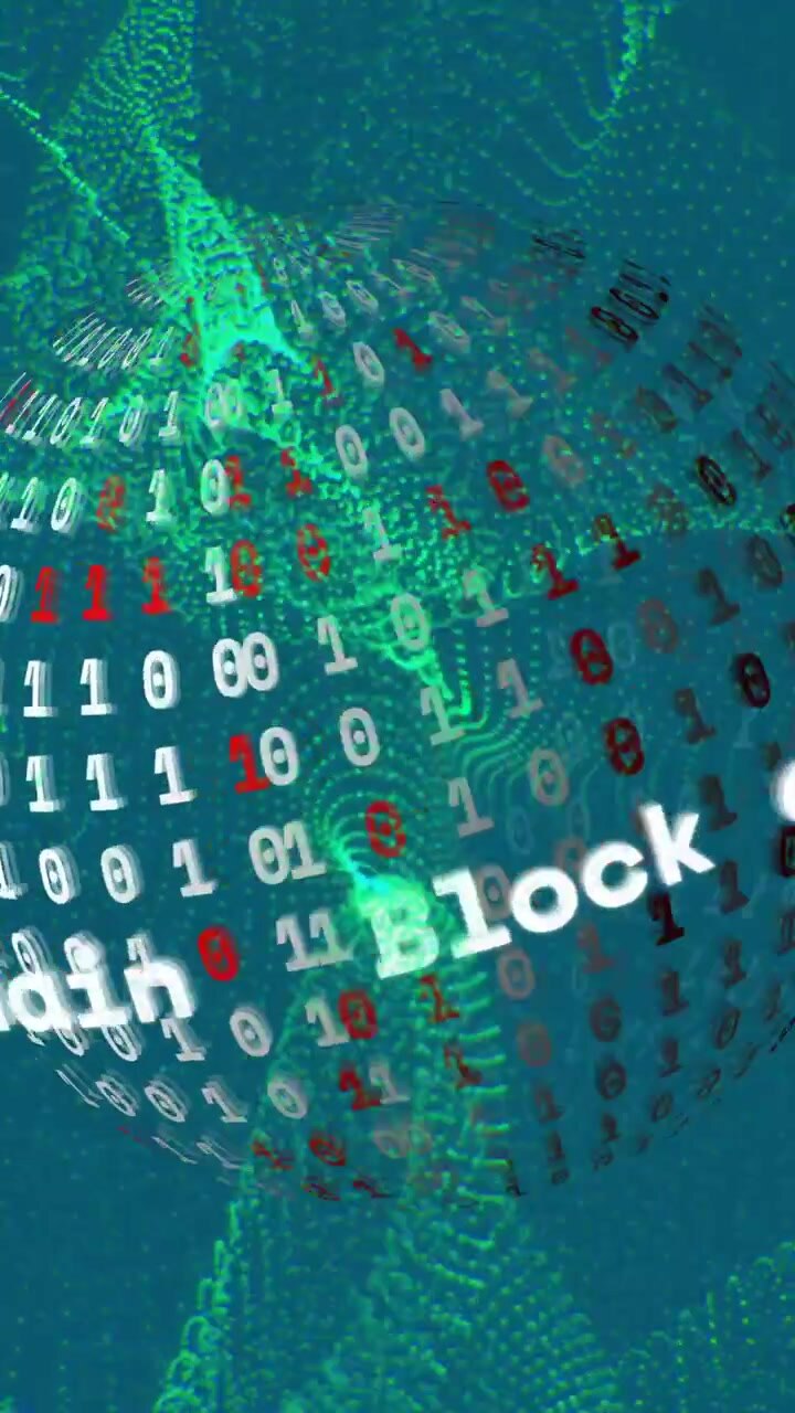 Animation of block chain text, binary coding data processing over globe