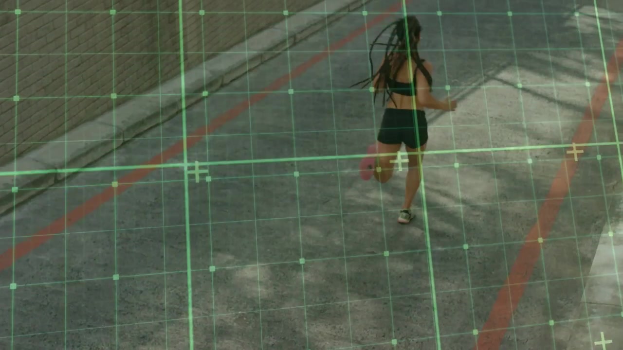 Woman starting left, running diagonally along corridor while HUD grid tracking for fitness metrics