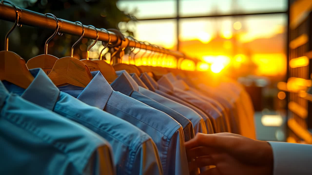 Shirts hanging near a sunset backdrop. Shirts are neatly displayed on hangers as the sun sets, creating a warm and inviting atmosphere