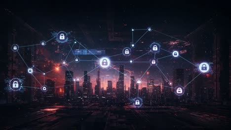 futuristic cityscape with digital lock networks, showcasing cybersecurity and connectivity in a high-tech urban environment