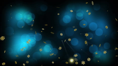 animación de copos de nieve dorados de navidad cayendo sobre luces azules sobre un fondo negro