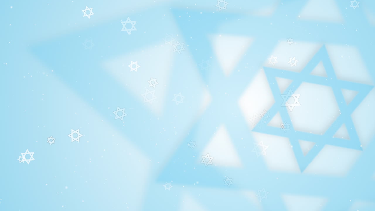 Star of David shape symbol animation hexagram on white background with blue lights and Jewish stars. Modern blurred loop background