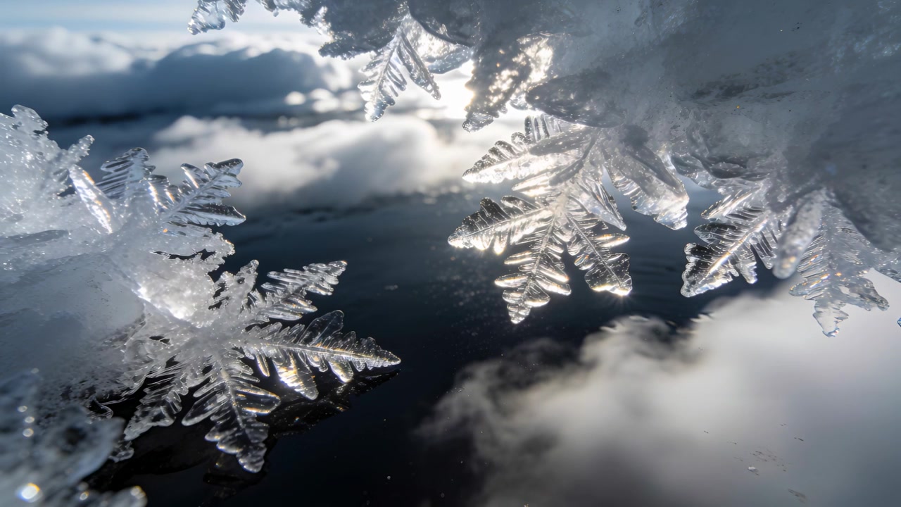 Controluce del sole basso che illumina cristalli di ghiaccio sull'acqua, con riflessi cangianti e nuvole riflesse