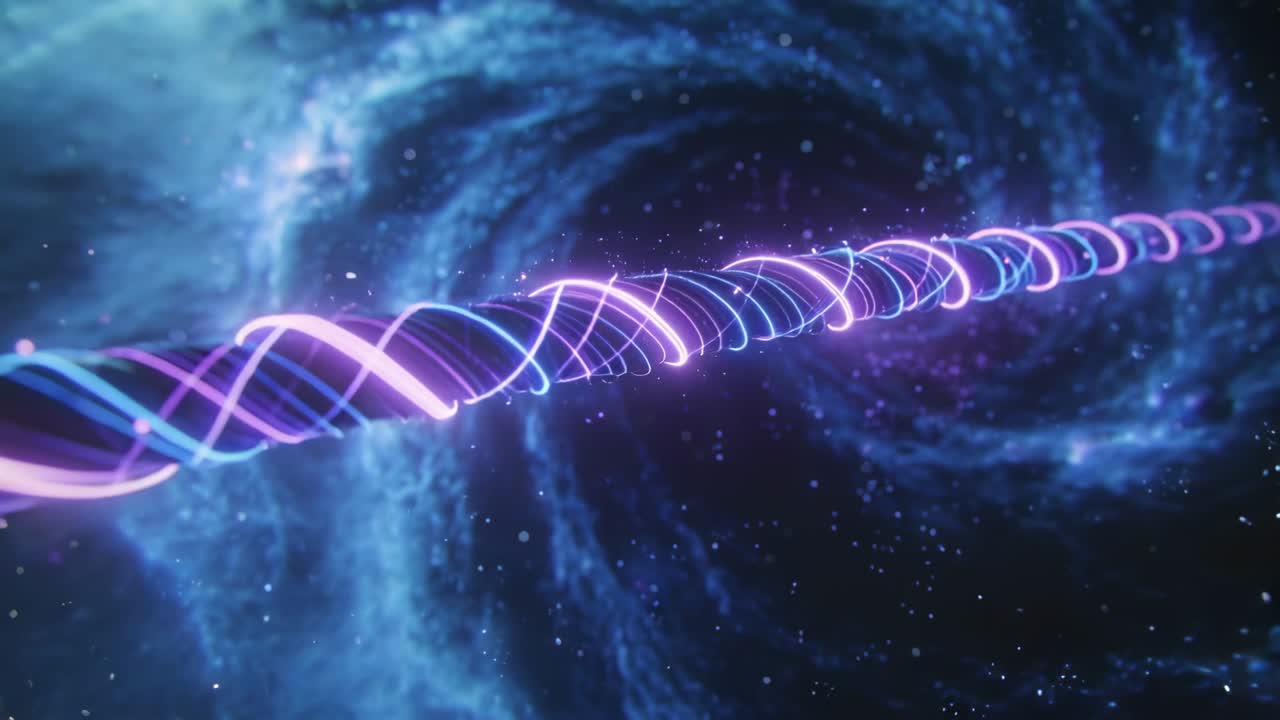 Moving camera revealing glowing neon helix around dark core in nebula pulling toward remote vortex