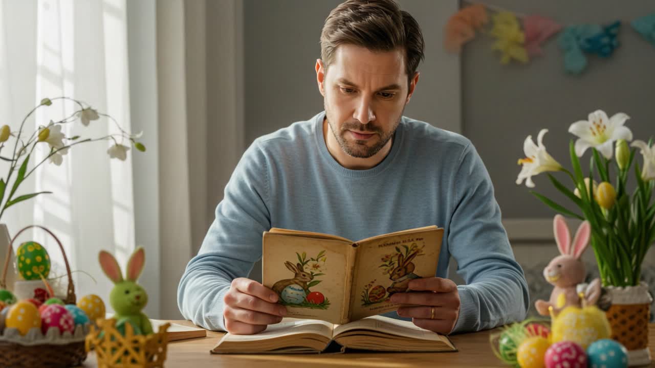 A Thoughtful Man Engrossed in Reading an Illustrated Book Among Colorful Easter Decorations and Cheerful Spring Flowers