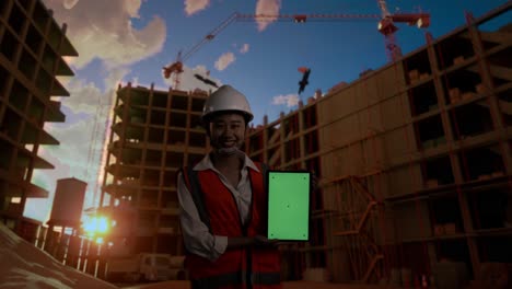 asian female engineer with safety helmet smiling and showing green screen tablet to the camera while standing at construction site, during sunset or sunrise time