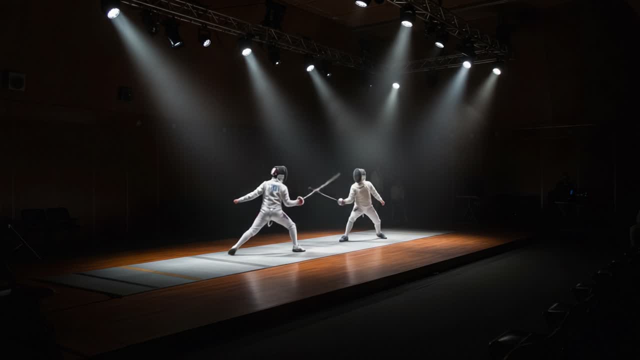 Dramatic Fencing Duel Captured in Two Frames: A Closer Look at the Intense Battle of Skill and Precision Under Spotlight