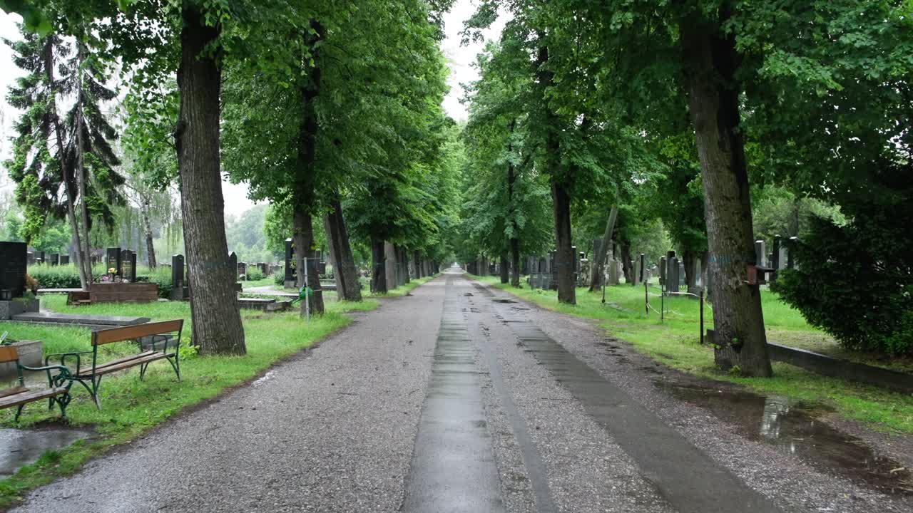 Passeggiata piovosa lungo il sentiero di un cimitero, tra alberi, panchine e lapidi