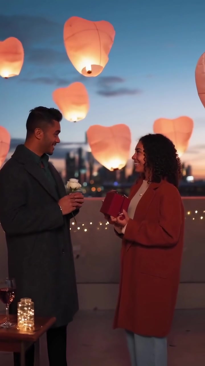 Couple Exchanging Gifts on Rooftop with Floating Lanterns at Sunset