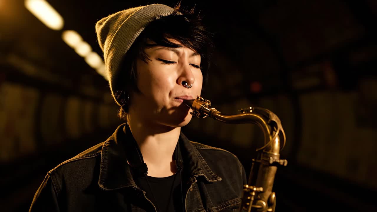 색소폰을 연주하는 젊은 여성