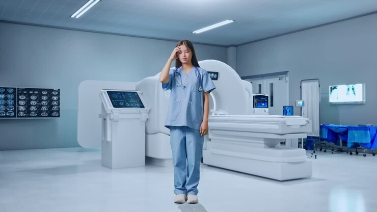 Dottoressa asiatica a figura intera con mal di testa, in piedi accanto a una macchina per risonanza magnetica.