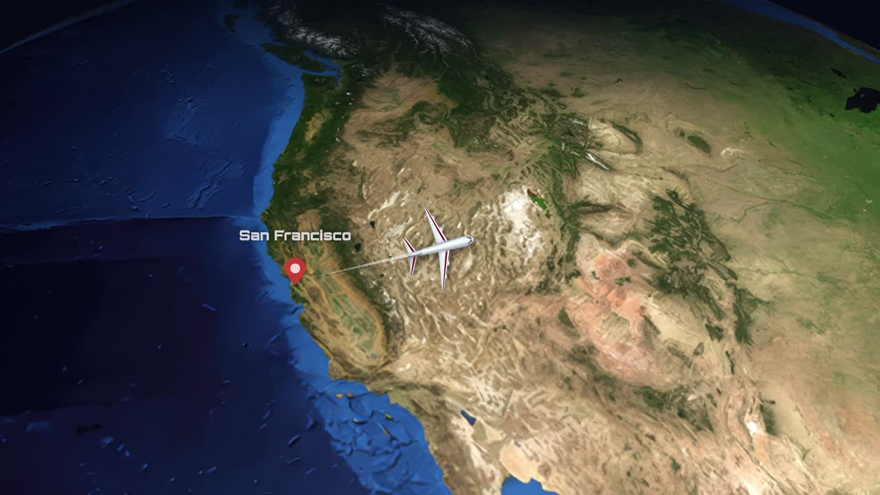 Un icono de avión 3D viaja por un mapa satelital de California a los Grandes Lagos.