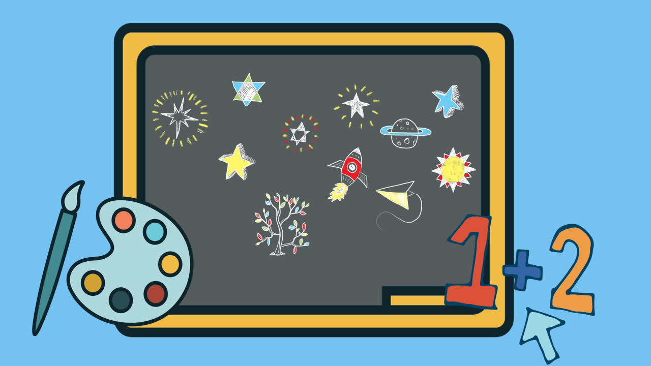 animación de la pizarra y los iconos de los artículos escolares sobre un fondo azul