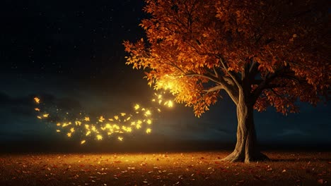 a captivating autumn scene of a majestic tree illuminated by magical sparkling leaves against a starry night sky in a tranquil landscape