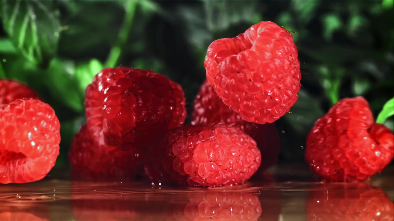 Fresh Red Raspberries Falling and Splashing on a Wet Surface in Slow Motion