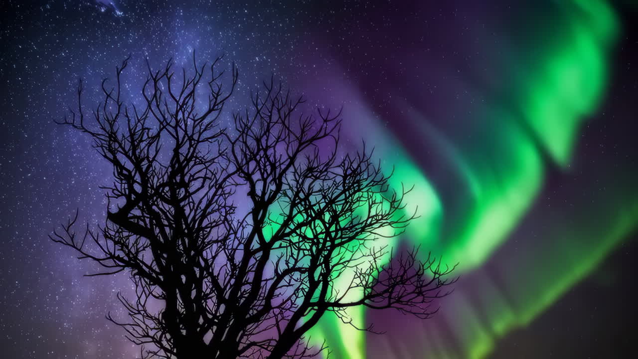 Aurora Borealis over a Silhouetted Tree
