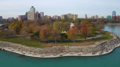 aerial flight over promontory point in autumn