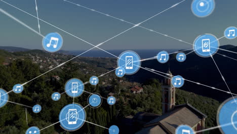 animation of network of connections with icons over cityscape