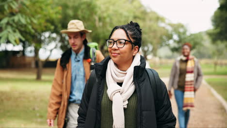 Outdoor,-woman-and-friends-on-a-hike