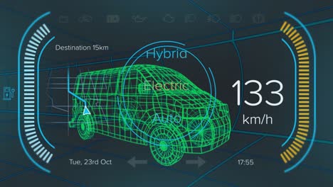 Animation-of-speedometer-with-texts,-changing-numbers-over-3d-model-of-van-against-black-background