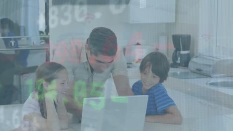 Animation-of-financial-data-processing-over-caucasian-father,-daughter-and-son-using-laptop-at-home