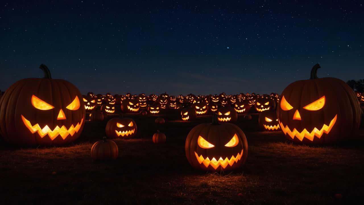 A Spooktacular Display of Glowing Jack-o'-Lanterns Illuminating the Night Sky, Creating a Haunted Halloween Atmosphere Amidst a Field of Carved Pumpkins