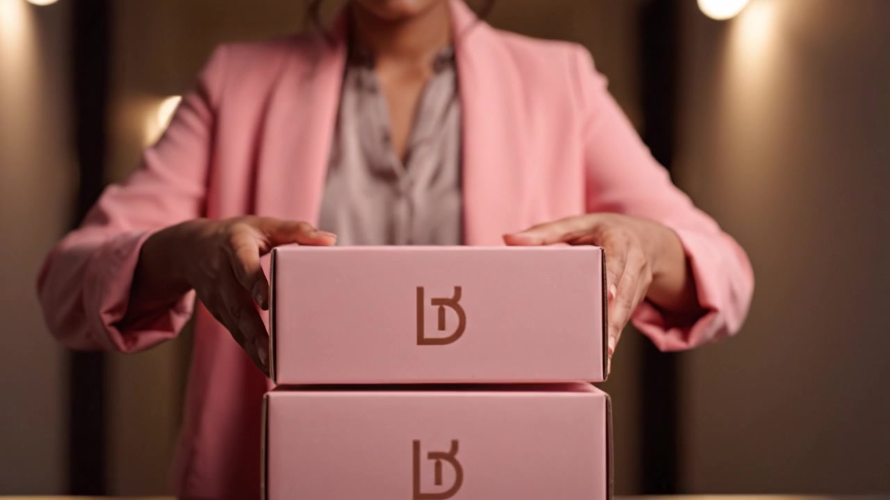 Yumuşak Işıklandırılmış Bir Koridorda Dururken Pembe Kutuları Dikkatle İnceleyen Pembe Blazer Ceketli Bir Kadın, Şık Bir Ortamda Zarafeti ve Beklentiyi Vurguluyor