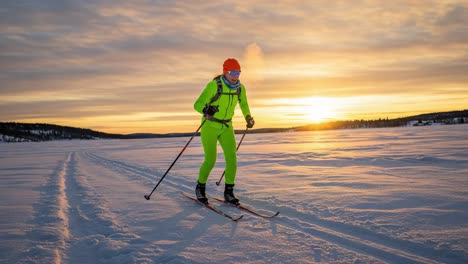 a skiier in bright neon gear glides across the snow-covered landscape at sunset, capturing the serenity and beauty of winter sports and nature's splendor