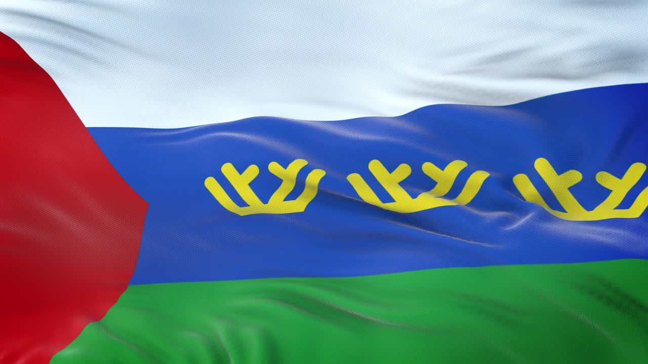 Tyumen oblast (Federal subject of Russia) flag waving in the wind with highly detailed fabric texture. Seamless loop