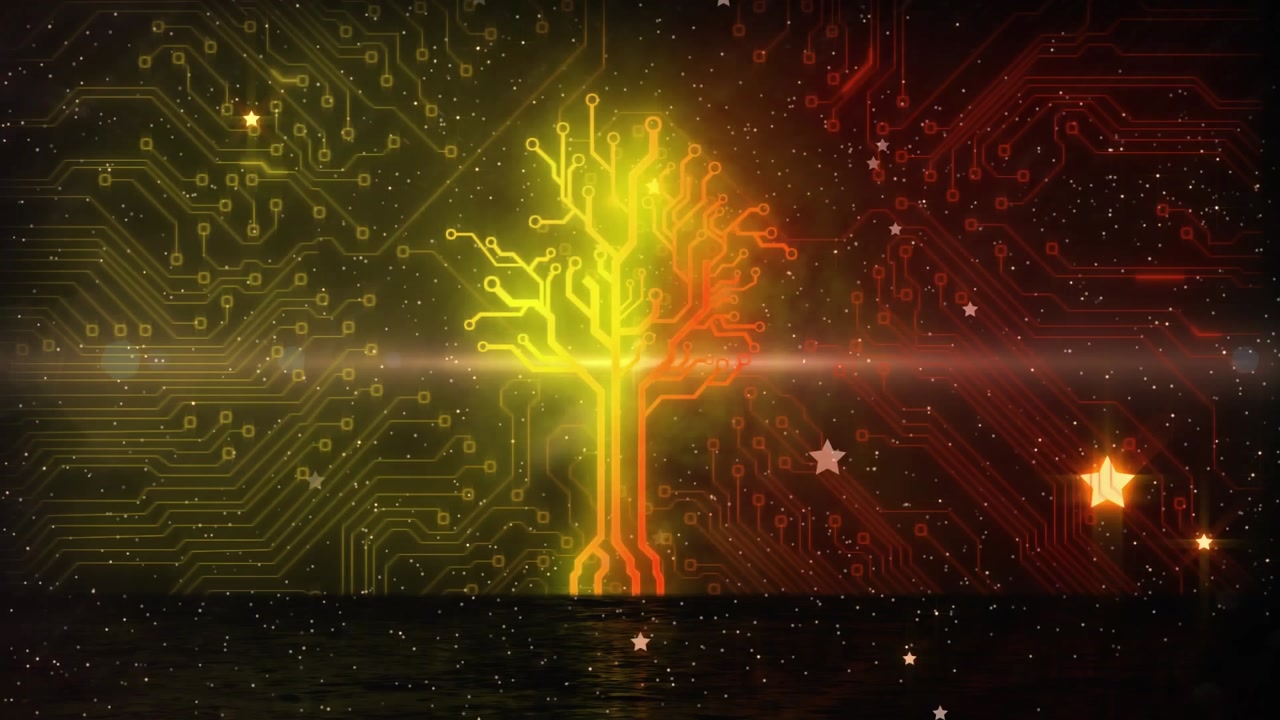 Glowing Circuit Board Tree with Digital Stars and Light