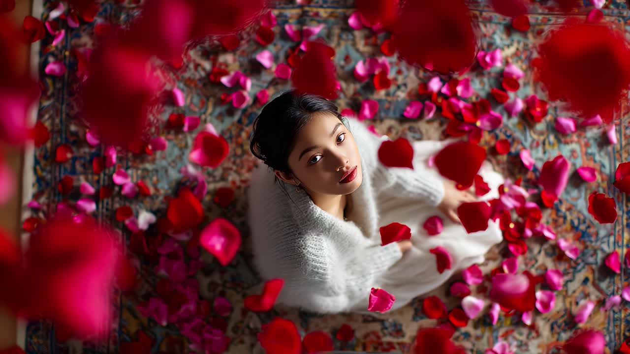 A Serene Moment Captured: A Young Woman Surrounded by Floating Rose Petals, Evoking Beauty, Tranquility, and Reflective Peace in an Artistic Composition of Natural Elements