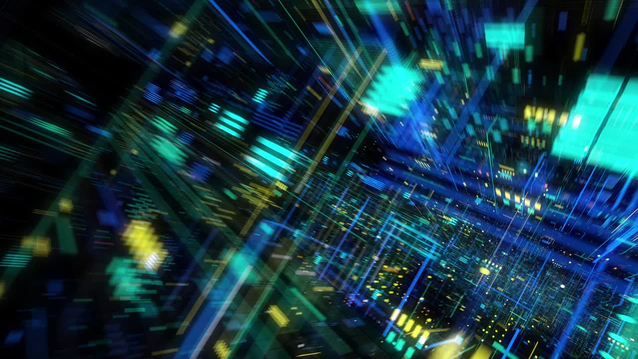 volando a través de datos digitales de hologramas de matriz abstractos tecnológicos.