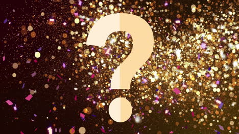 animation of confetti and light spots over question mark on black background