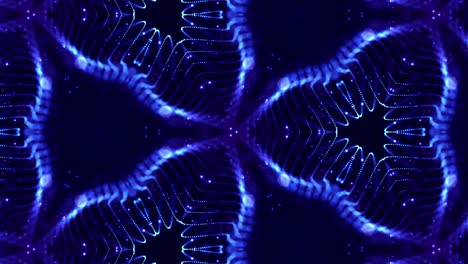 tema abstracto caleidoscópico. fondo 3d de ciencia ficción en bucle de 4k con partículas azules brillantes forman líneas, superficies, patrones estructuras simétricas complejas