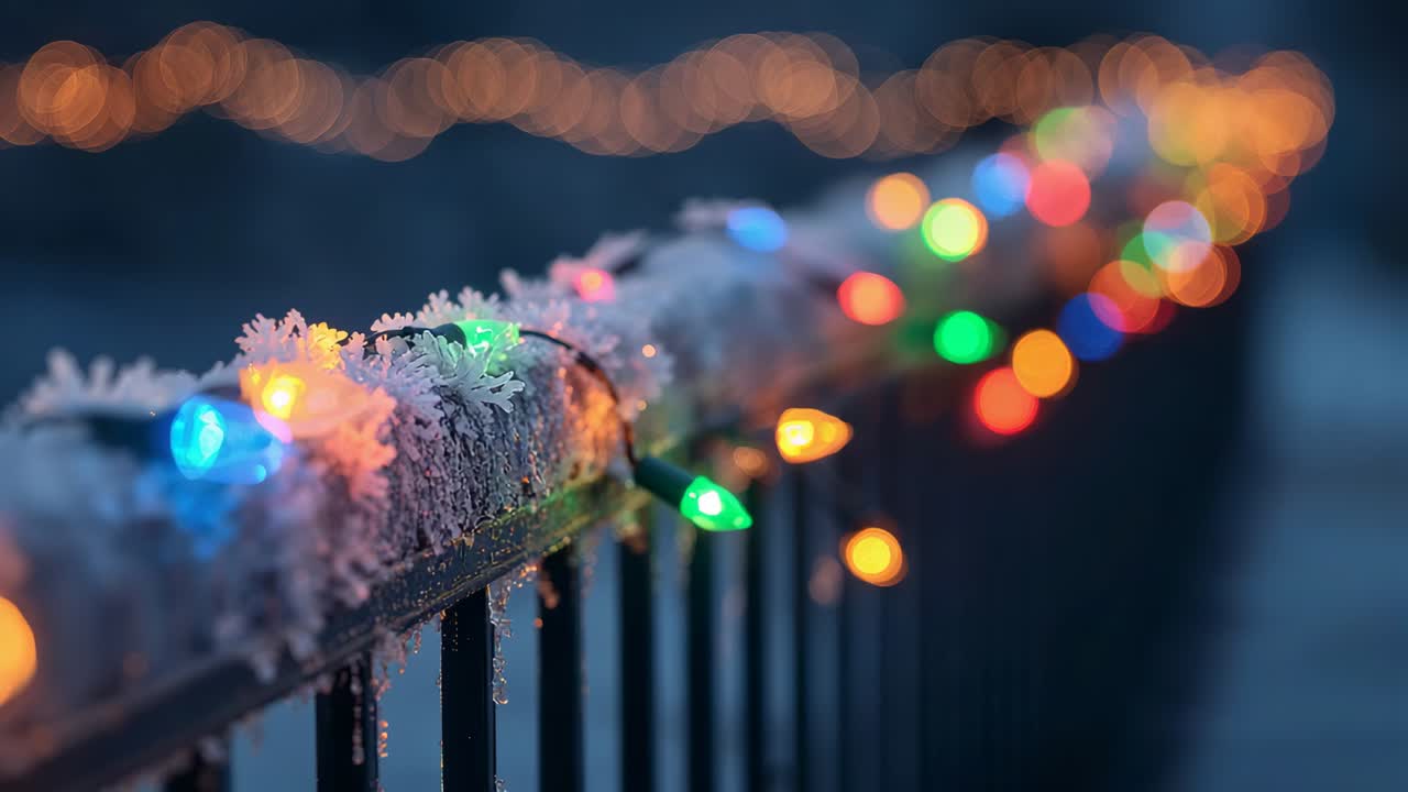 Shifting focus camera bringing frost, lit bulbs into view on snowy rail at twilight, making bokeh