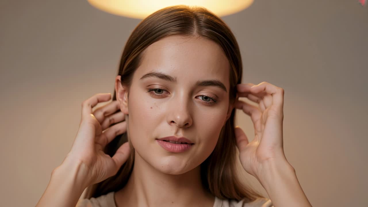 Vertical video: Woman raising hands, adjusting hair, tucking, smoothing for neatness under light