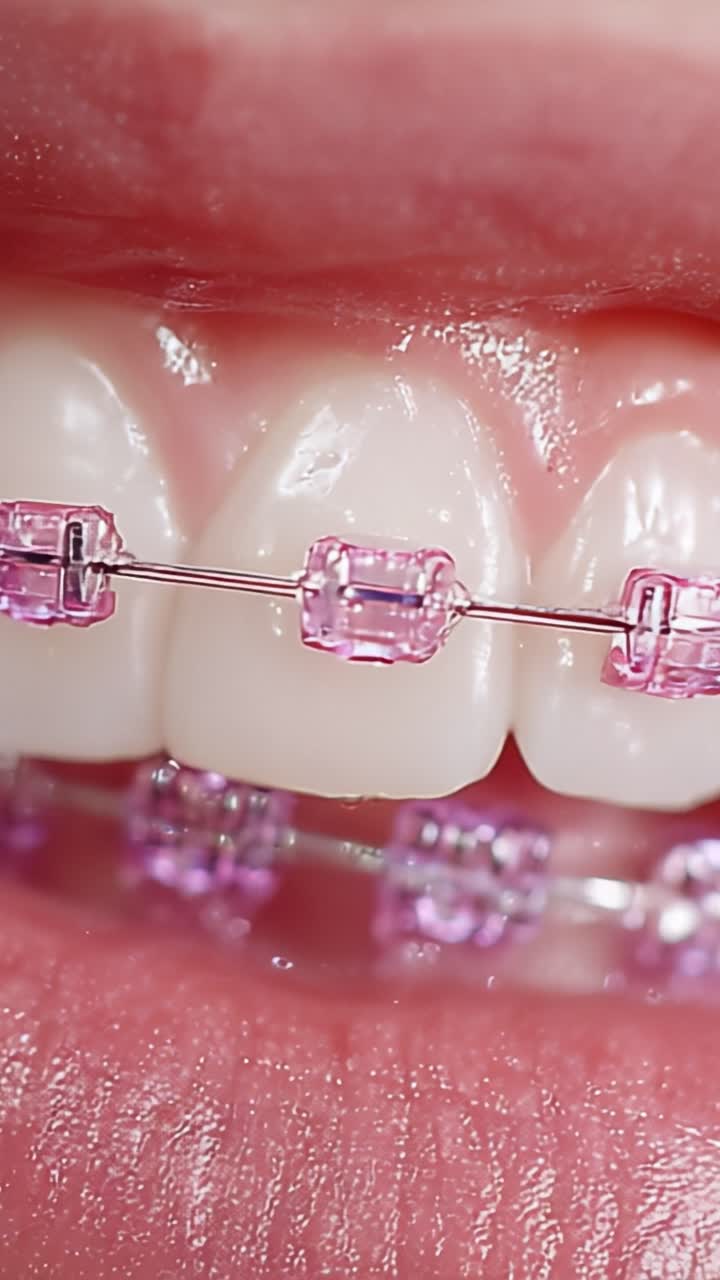 Close-up View of Colorful Braces: Showcasing Pink Bracket and Wire Arrangement on Straightening Teeth for Enhanced Dental Aesthetics